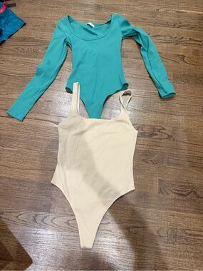 Long-Sleeve Teal One-Piece & Cream Tank Bodysuit Set